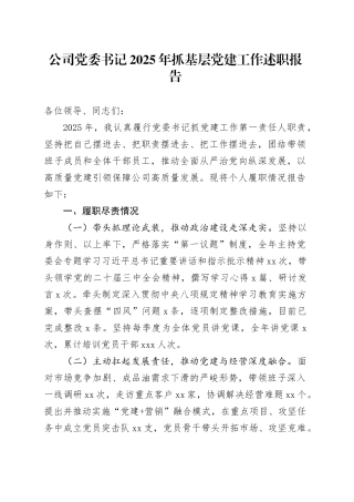 公司党委书记2025年抓基层党建工作述职报告
