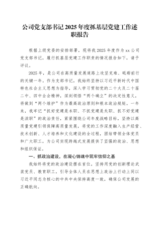 公司党支部书记2025年度抓基层党建工作述职报告