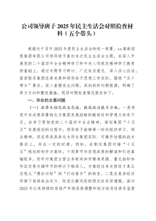 公司领导班子2025年民主生活会对照检查材料（五个带头）_120260108