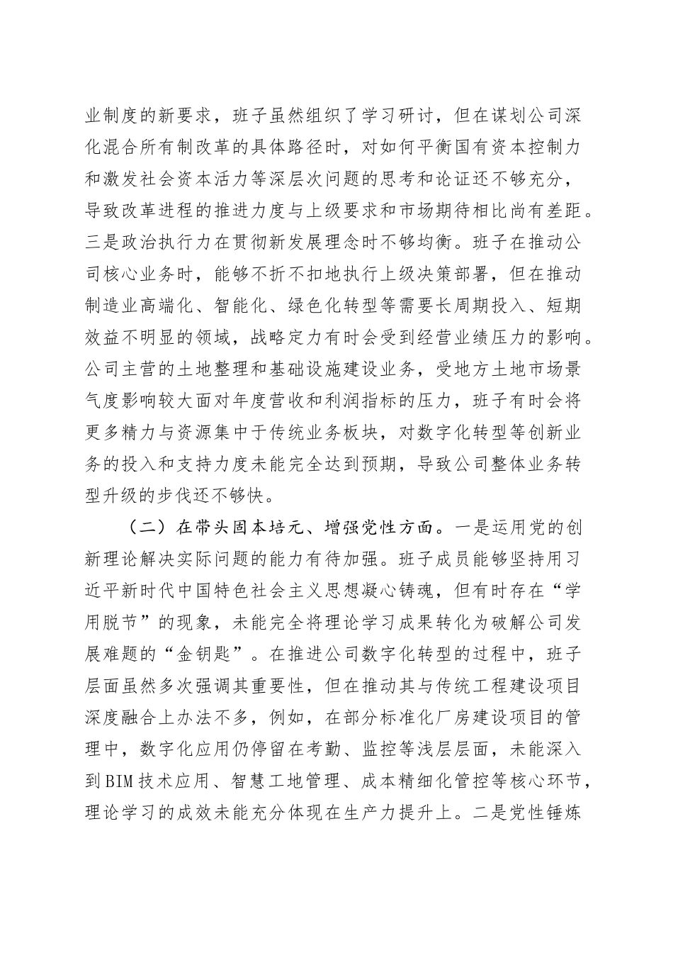 公司领导班子2025年民主生活会对照检查材料（五个带头）20260108_第2页