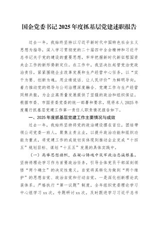 国企党委书记2025年度抓基层党建述职报告