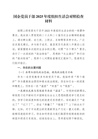 国企党员干部2025年度组织生活会对照检查材料20260114