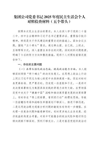 集团公司党委书记2025年度民主生活会个人对照检查材料（五个带头）20260108