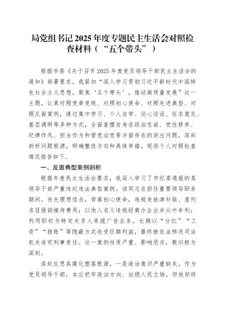 局党组书记2025年度专题民主生活会对照检查材料（“五个带头”）20260112