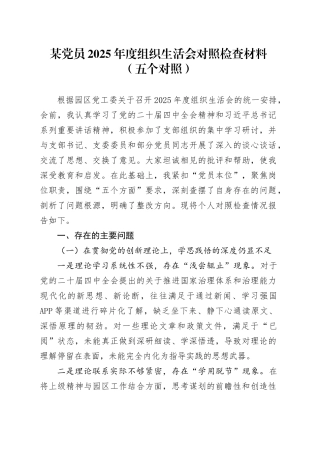 某党员2025年度组织生活会对照检查材料（五个对照）20260108