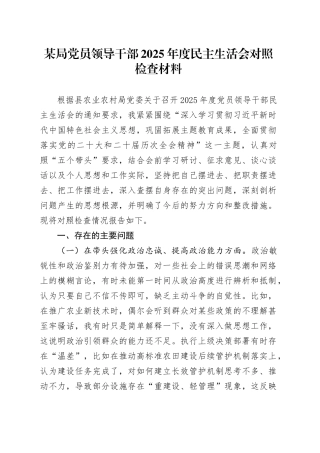 某局党员领导干部2025年度民主生活会对照检查材料（五个带头方面）20260106