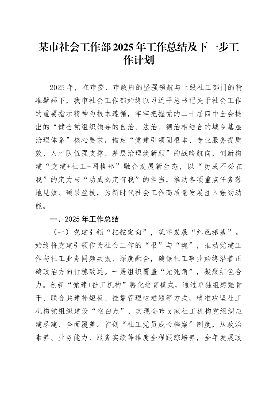 某市社会工作部2025年工作总结及下一步工作计划_第1页