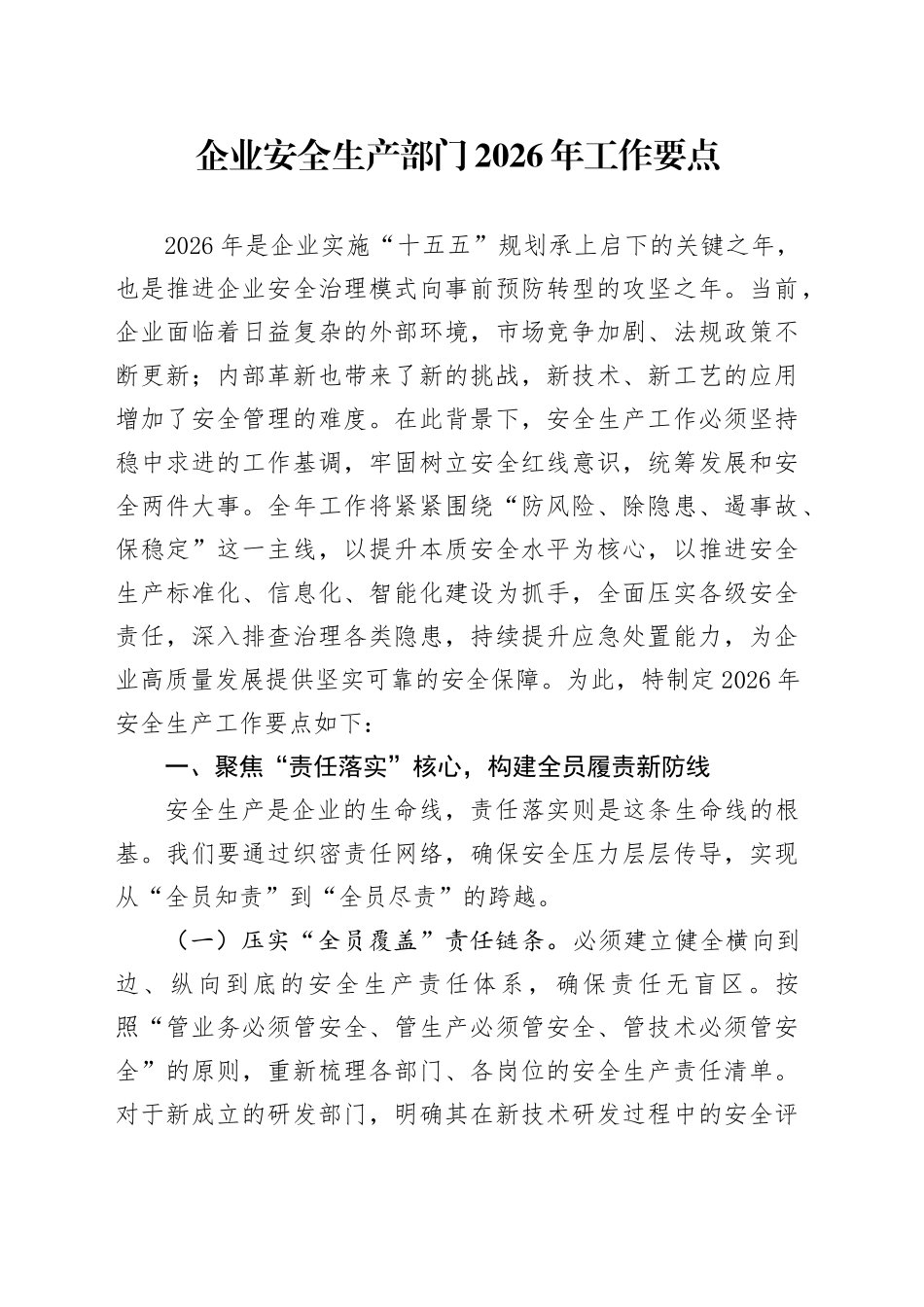 企业安全生产部门2026年工作要点_第1页