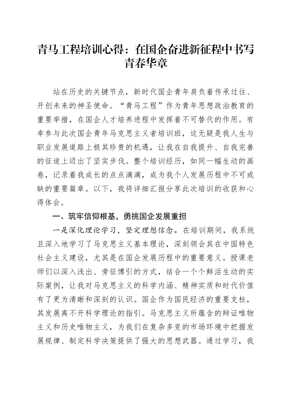 青马工程培训心得：在国企奋进新征程中书写青春华章_第1页