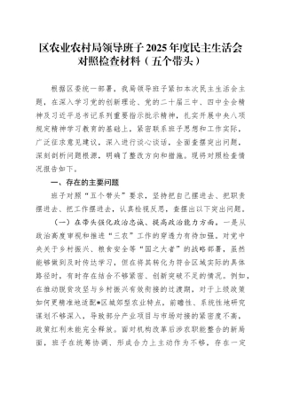 区农业农村局领导班子2025年度民主生活会对照检查材料（五个带头）20260112