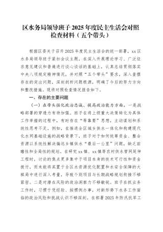区水务局领导班子2025年度民主生活会对照检查材料（五个带头）20260104