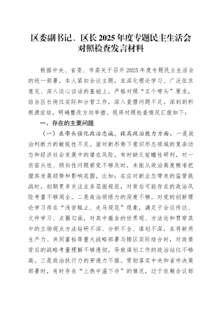 区委副书记、区长2025年度专题民主生活会对照检查发言材料20260108