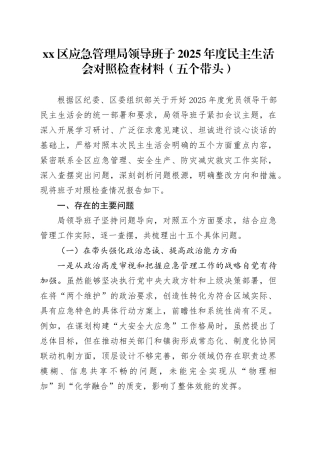 区应急管理局领导班子2025年度民主生活会对照检查材料（五个带头）20251231(1)