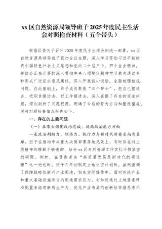 区自然资源局领导班子2025年度民主生活会对照检查材料（五个带头）20251231