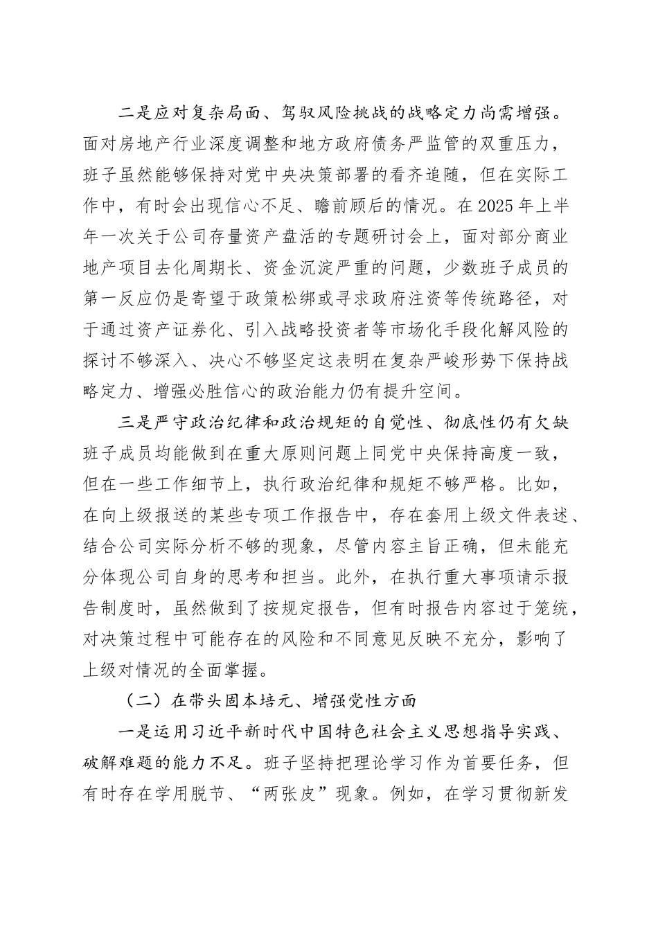 市城建投房地产开发有限公司2025年度民主生活会班子对照检查材料（五个带头）20260108_第2页