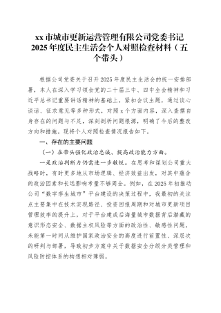 市城市更新运营管理有限公司党委书记2025年度民主生活会个人对照检查材料（五个带头）20260108