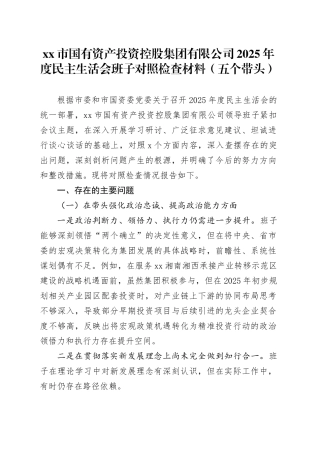 市国有资产投资控股集团有限公司2025年度民主生活会班子对照检查材料（五个带头）20260108