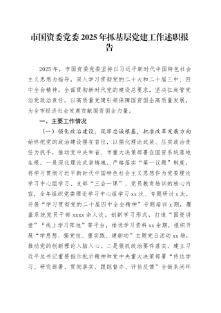 市国资委党委2025年抓基层党建工作述职报告