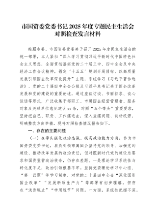 市国资委党委书记2025年度专题民主生活会对照检查发言材料20260114