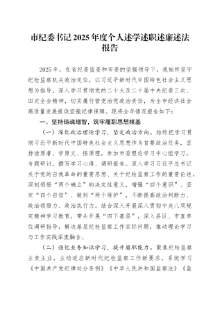 市纪委书记2025年度个人述学述职述廉述法报告20251226