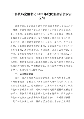 市科技局党组书记2025年度民主生活会发言提纲20260104