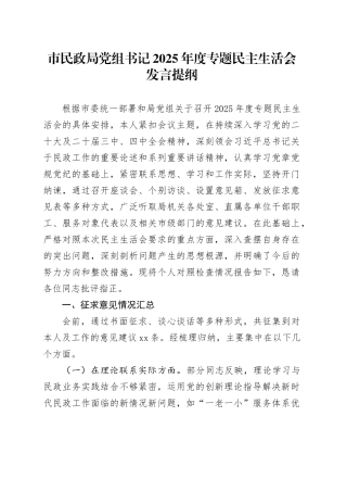 市民政局党组书记2025年度专题民主生活会发言提纲20260104