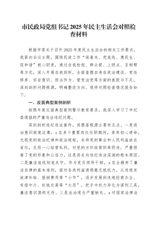 市民政局党组书记2025年民主生活会对照检查材料20260114