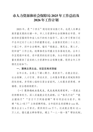 市人力资源和社会保障局2025年工作总结及2026年工作计划