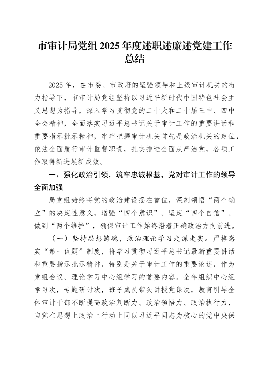 市审计局党组2025年度述职述廉述党建工作总结_第1页