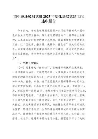 市生态环境局党组2025年度抓基层党建工作述职报告