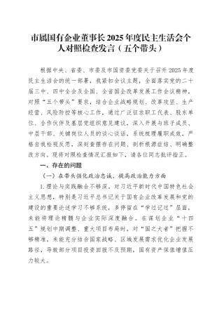 市属国有企业董事长2025年度民主生活会个人对照检查发言（五个带头）20260112