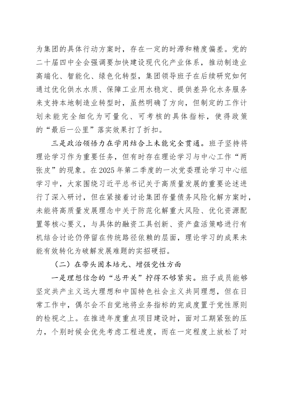市水务投资集团有限公司领导班子2025年度民主生活会对照检查材料（五个带头）20260108_第2页