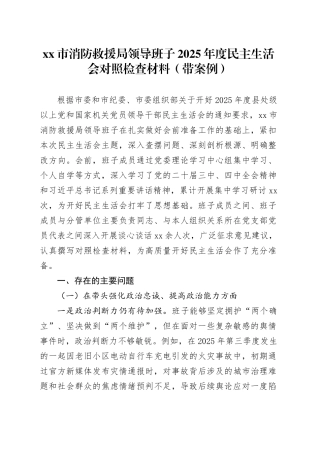 市消防救援局领导班子2025年度民主生活会对照检查材料（带案例）20260114