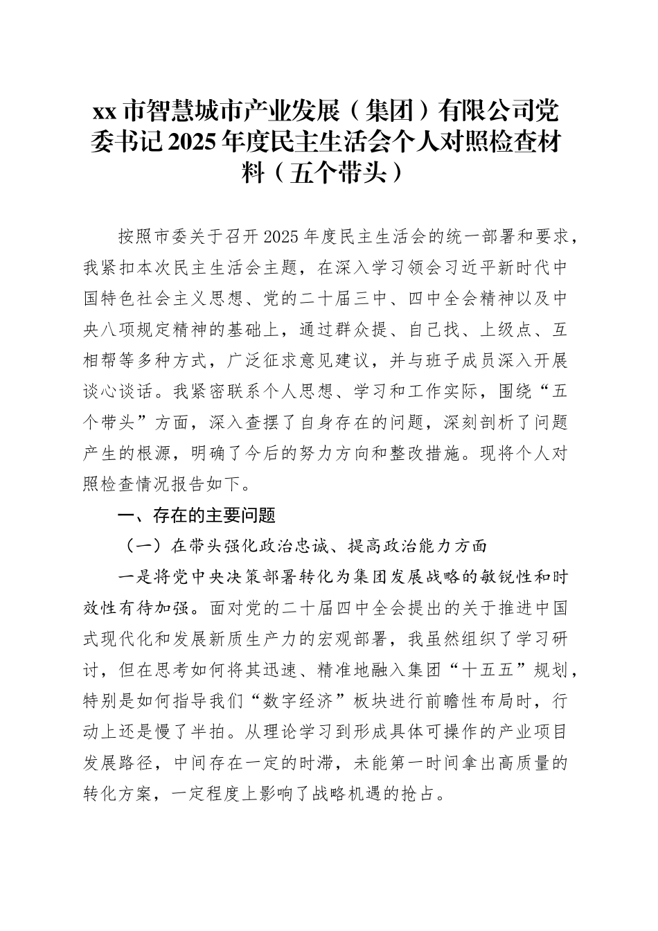 市智慧城市产业发展（集团）有限公司党委书记2025年度民主生活会个人对照检查材料（五个带头）20260104_第1页