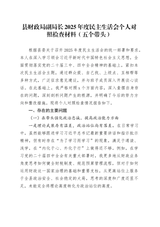县财政局副局长2025年度民主生活会个人对照检查材料（五个带头）20260114