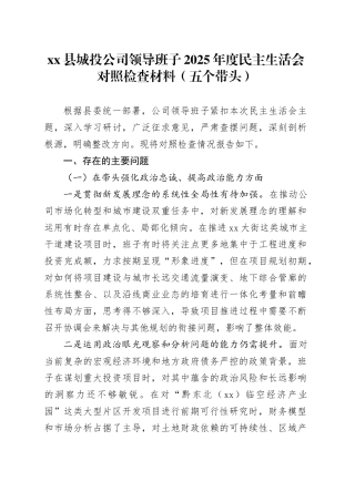 县城投公司领导班子2025年度民主生活会对照检查材料（五个带头）20260106