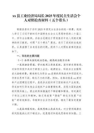 县工业经济局局长2025年度民主生活会个人对照检查材料（五个带头）20260114