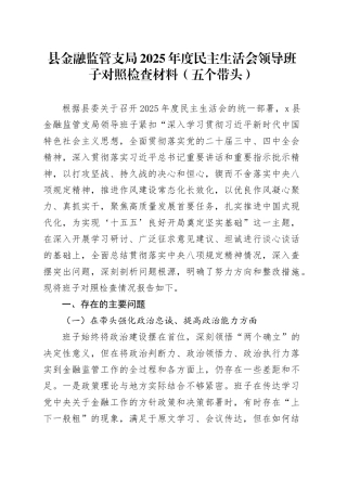 县金融监管支局2025年度民主生活会领导班子对照检查材料（五个带头）20251231