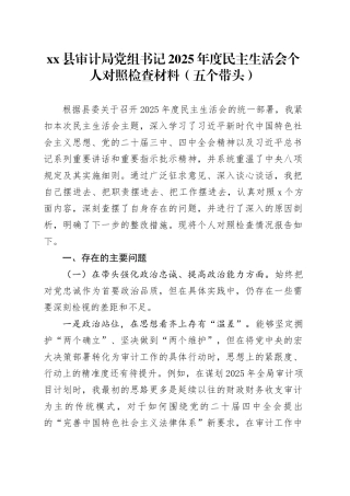 县审计局党组书记2025年度民主生活会个人对照检查材料（五个带头）20260106