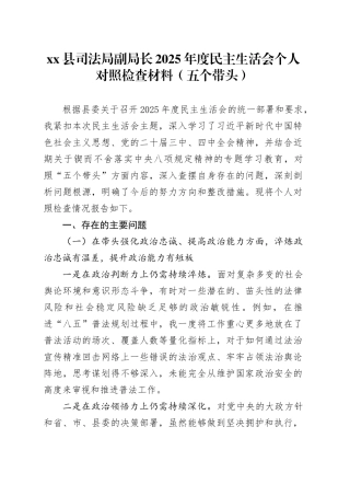 县司法局副局长2025年度民主生活会个人对照检查材料（五个带头）20260114
