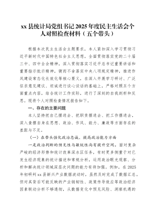 县统计局党组书记2025年度民主生活会个人对照检查材料（五个带头）20260106