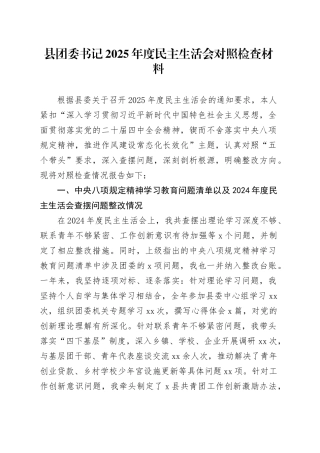县团委书记2025年度民主生活会对照检查材料20260108