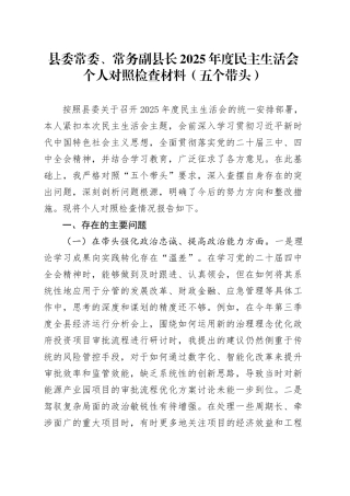 县委常委、常务副县长2025年度民主生活会个人对照检查材料（五个带头）20260104