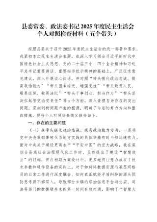县委常委、政法委书记2025年度民主生活会个人对照检查材料（五个带头）20251229