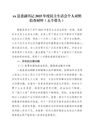 县委副书记2025年度民主生活会个人对照检查材料（五个带头）20251229