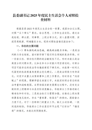 县委副书记2025年度民主生活会个人对照检查材料20260114