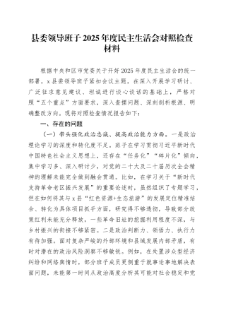 县委领导班子2025年度民主生活会对照检查材料20251231