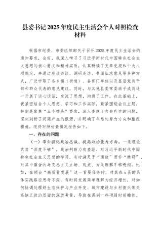 县委书记2025年度民主生活会个人对照检查材料20251231