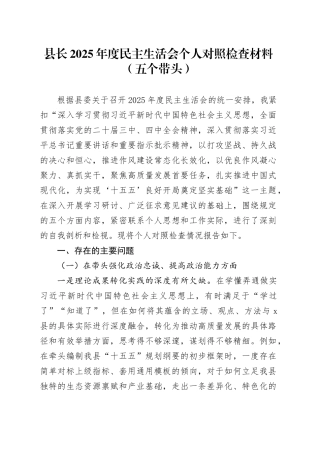 县长2025年度民主生活会个人对照检查材料（五个带头）20251229