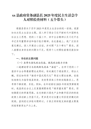 县政府常务副县长2025年度民主生活会个人对照检查材料（五个带头）20251231